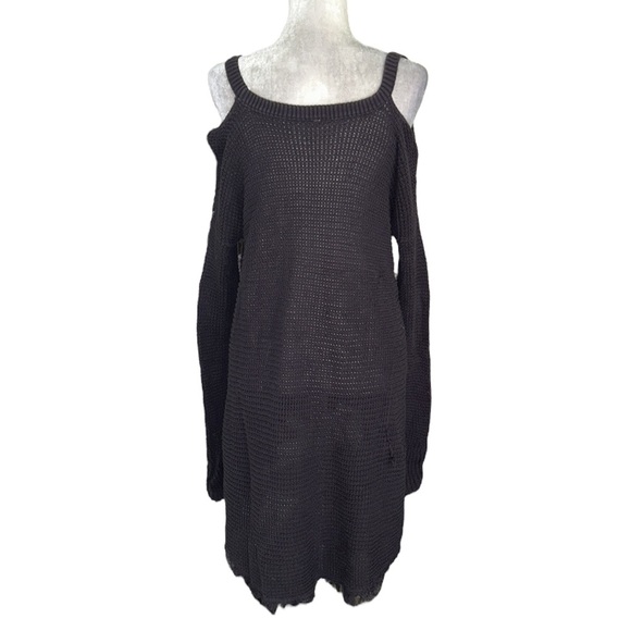 Free People Moonshine Dark Gray V-Neck Cold Shoulder A-Line Knit Sweater - M / L - Picture 9 of 15